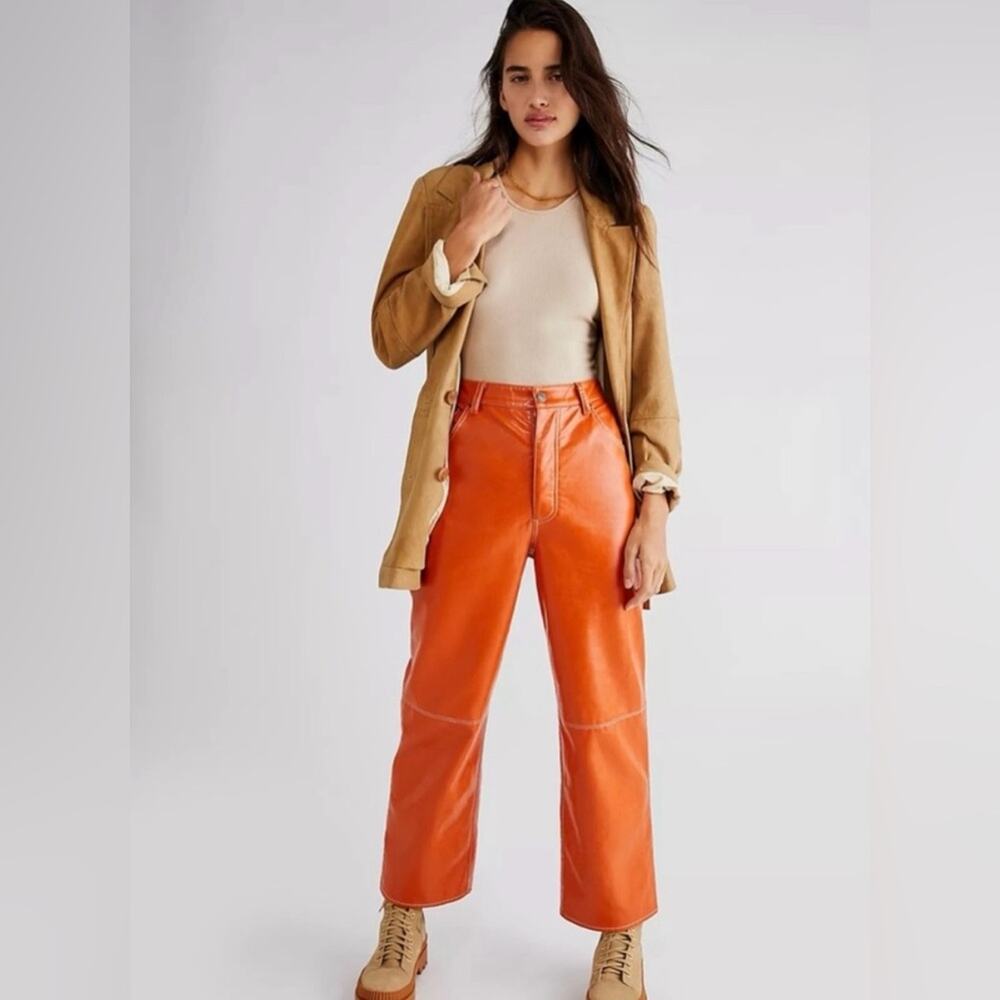 Free People We The Free It Factor Patent Vegan Leather Pants Orange Size 6